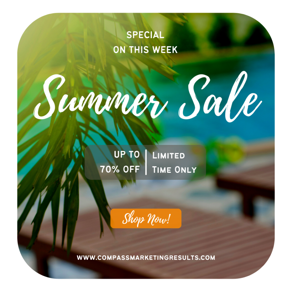summer sale example with pool and palm tree in background